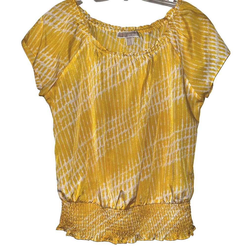 MICHAEL KORS Yellow White Abstract Print Smocked Waist Top M - Picture 1 of 4